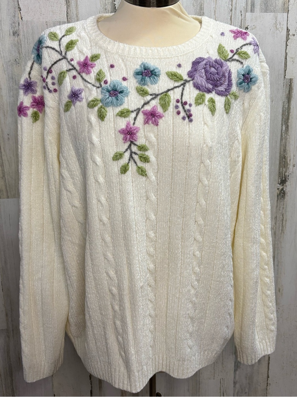 Alfred Dunner Vintage Embroidered Cream Chenille Sweater